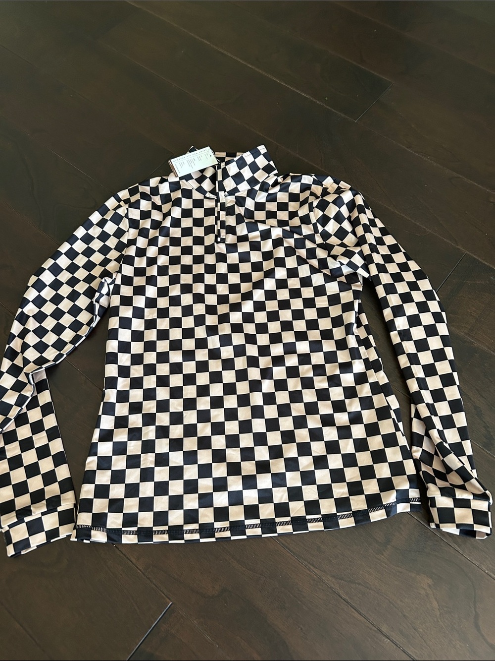 Ranch Dress’n Checkered Long Sleeve sun shirt  Zip Mock Neck Top - Black & Cream